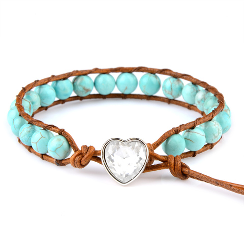 Chanfar 6mm Genuine Natural Stone Beaded Heart-Shaped Turquoises Leather Cord Bracelet  For Women Men Jewelry ► Photo 1/6