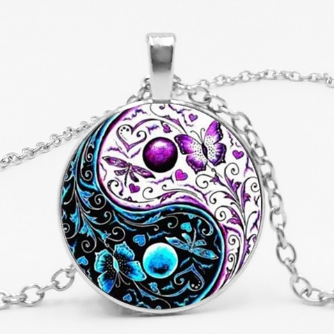 HOT! 3 Colors Tibet  Cabochon Glass Pendant Chain Necklace Ying Yang Butterfly Gifts for Men and Women ► Photo 1/4