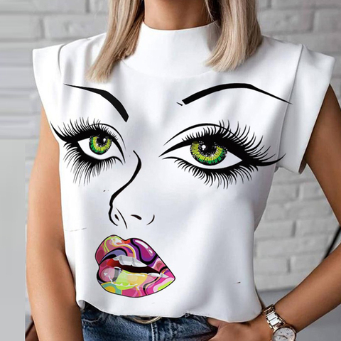 Fashion Women Lips Eyelash Print Sleeveless Blouses Shirts 2022 Summer Ladies Elegant Office Lady Casual Tops Blusa Streetwear ► Photo 1/5