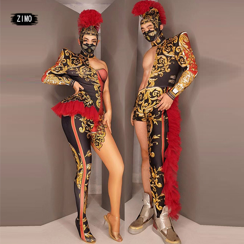 Vintage Printing Bodysuit Women men Stage Dance Jumpsuit Costume Cosplay Halloween nightclub Singer Show performance new arrival ► Photo 1/6