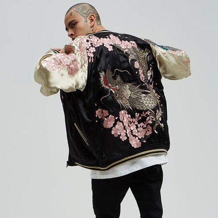 Makuluya High Quality Reversible Coats High Street Streetwear Yokosuka Sakura Cherry blossoms Dragon Embroidery Jacket L6 ► Photo 1/6