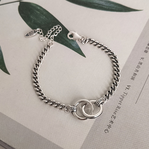 Hip Hop Jewelry Double Circle Thai Silver Color Bracelet Handmade Thick Chain Couple Bracelet for Men Women S-B413 ► Photo 1/6