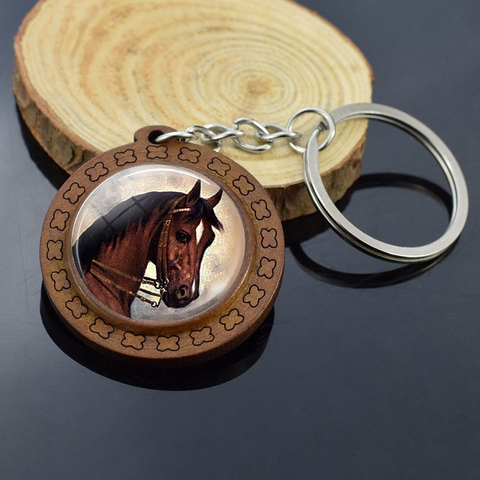 Horse Wooden Keychain Car Key Chain Glass Cabochon Jewelry Vintage Animal Pendant Cartoon Horse Keyring Women Men Gifts ► Photo 1/6