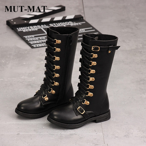 kids shoes Martin Boots Girls Warm Fashion Metal button Knee-high boots quality leather Waterproof Warming Short Plush boots ► Photo 1/5