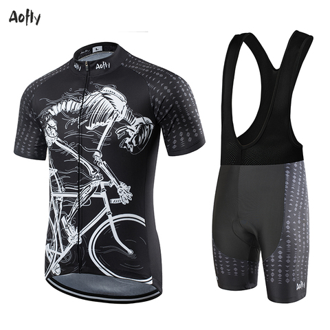 Aofly Team Cycling Jersey MTB Cycling Shorts Maillot Culotte Ciclismo Hombre Sleeve Tight Skeleton Pattern Man Bike Equipment ► Photo 1/6