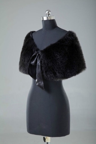 Black Faux Fur Bridal shrug Wedding Cape Coat Shawl Party Ribbon Bow Wrap Stloe Bolero ► Photo 1/3