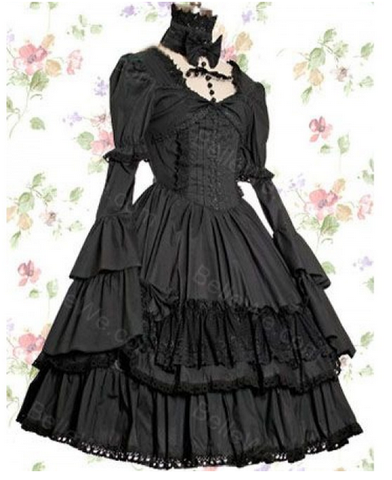 Autumn Spring Long Puff Flare Sleeve Gothic Vintage Lace Light Lolita Dress Solid Black Ball Gown Dress ► Photo 1/1