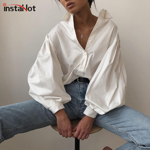 InstaHot Lantern Sleeve Elegant Shirt White Black Sexy Button Vintage Blouse Turn Down Collar Office Ladies Shirt Female Casual ► Photo 1/6