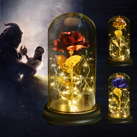 Beauty and The Beast Gold Foil Galaxy Rose Flower LED Light Artificial Flowers In Glass Dome Christmas Valentine Gift for Girls ► Photo 1/6