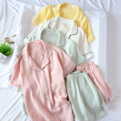 Japanese-style new summer ladies cotton double-layer crepe gauze short-sleeved shorts pajamas suit large size home service women ► Photo 1/6