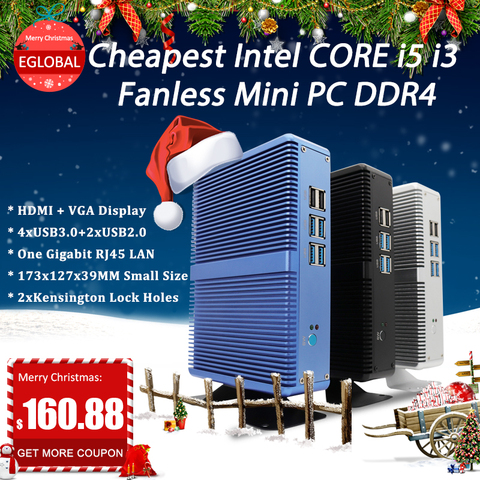 Cheapest Intel Core i7 i5 7200U i3 7100U Fanless Mini PC Windows 10 Pro Barebone Computer DDR4/DDR3 2.4GHz 4K HTPC WiFi HDMI VGA ► Photo 1/1