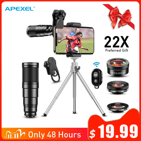 APEXEL 2022 NEW HD Phone Camera Lens Kit 4in1 Telephoto Zoom Monocular Telescope 22X Macro Wide Fisheye Lens With Remote Tripod ► Photo 1/6