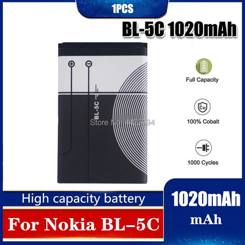 1pc BL-5C BL5C BL 5C Replacement Li-ion Lithium Battery 1020mAh Batteries for Nokia 1112 1208 1600 2610 2600 n70 n71 ► Photo 1/6