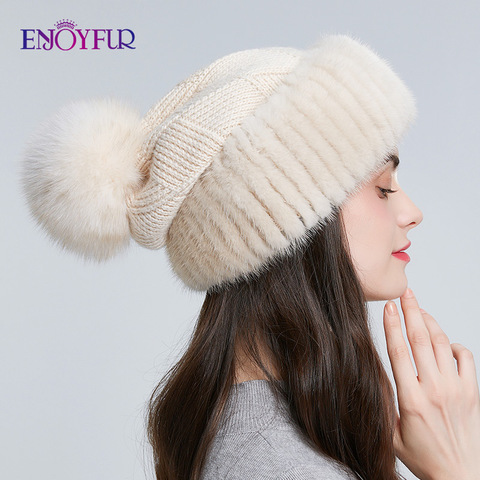 ENJOYFUR winter mink fur knitted wool hats for women fox fur pompom slouchy beanies fashion warm style caps for youth ► Photo 1/6