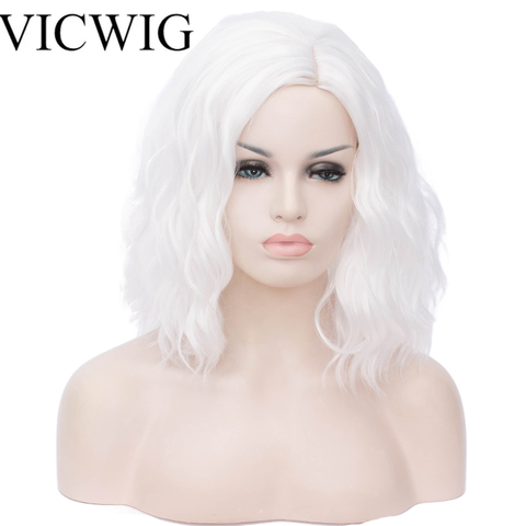 VICWIG Women's Short Wavy White Cosplay Wig Pink Grey Red Blue Synthetic Wig with Line for Lady Party or Daily Headwear ► Photo 1/6