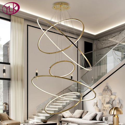 Modern gold led chandelier for staircase large ring stainless steel light fixture brief villa hall lobby decoration lighting ► Photo 1/6