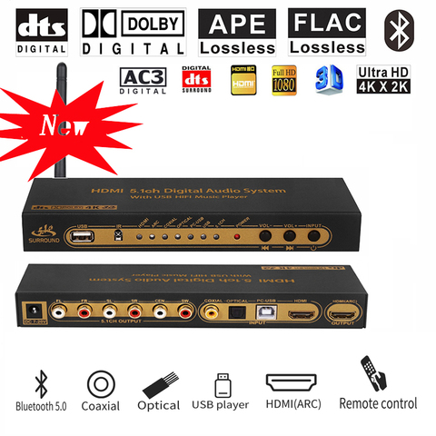 HDMI DTS 5.1 Audio Decoder Bluetooth 5.0 Receiver DAC AC3 FLAC APE 4Kx2K  HDMI to HDMI Extraction Converter SPDIF ARC Optical