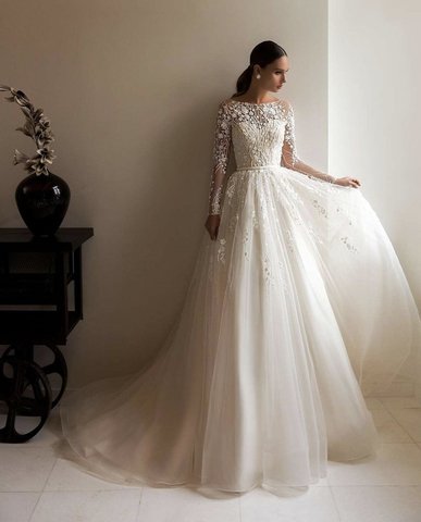 Elegant Wedding Dress 2022 A-Line O-Neck Long Sleeve Lace Appliques Tulle Button Sweep Train Vintage Bride Gown Robe De Mariée ► Photo 1/1