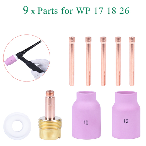 9Pcs TIG Welding Torch Large Long Gas Lens & Alumina Cup For WP17 WP18 WP26 TIG Collet Bodies Spares Kit Practical Accessories ► Photo 1/6