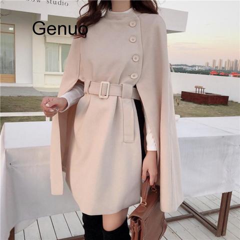 Korean New Style Solid Color Loose Cape Coat Collect Waist Woolen Medium Long Coat Women Winter Tops For Woman ► Photo 1/6