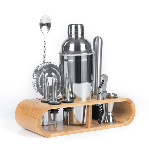 750ml/600ml Stainless Bar Cocktail Shaker Set Barware Set Shaker Set with Wooden Rack ► Photo 1/6