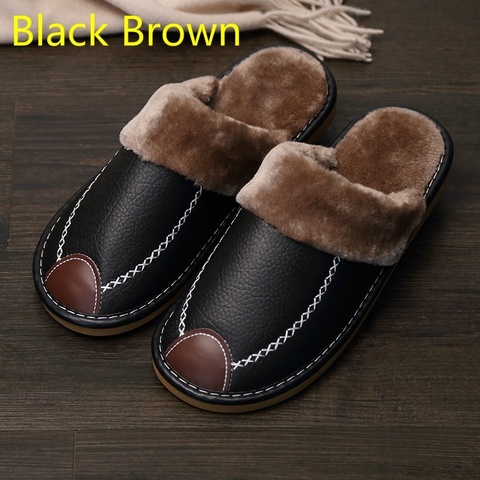 Men Leather Slippers Winter PU Leather Slippers Warm Indoor Slipper Soft Waterproof Home House Shoes Men Warm Leather Slippers ► Photo 1/6