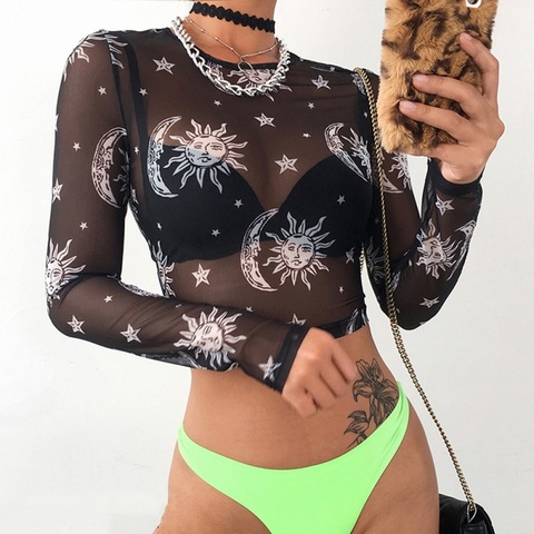 2022 Women Sexy Harajuku Mesh Tops Long Sleeve See Through T Shirt Transparent Sun Moon Star Print T-shirt Femininas Clubwear ► Photo 1/6