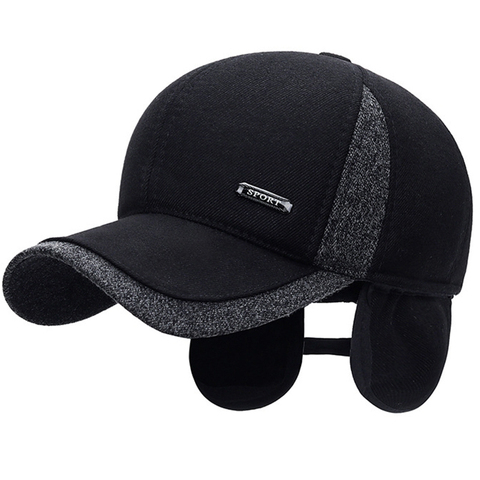 New Warm Mens Winter Wool Baseball Cap Ear Flaps Brand Snapback Hats Thicken Cotton Fitted Cap Gorra Hombre Trucker Cap ► Photo 1/6