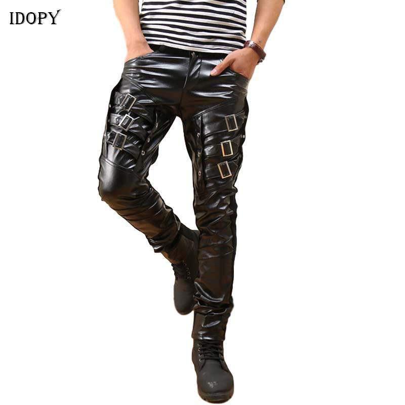 Idopy New Arrival Mens Korean Gothic Punk Party Costume Faux Leather Pants PU Buckles Hip Hop Black Trousers Male ► Photo 1/6