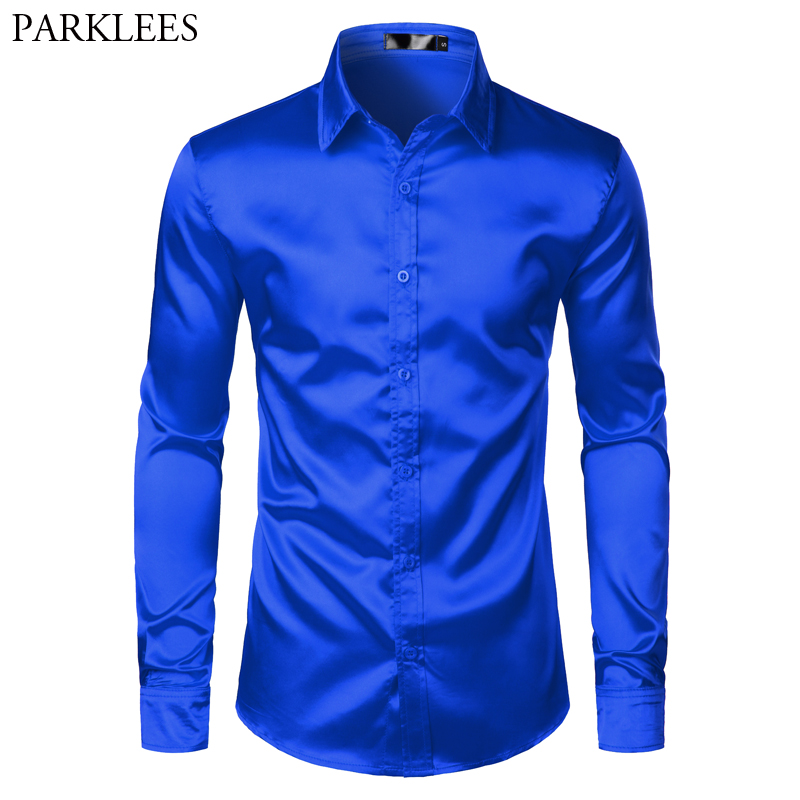 Royal Blue Silk Satin Shirt Men 2022 Luxury Brand New Slim Fit