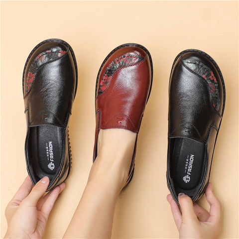 2022 Spring Luxury Women Flat Elderly Shoes Retro Vintage Genuine Leather Loafers Black Women's Shoes Moccasins With Fur Loafers ► Photo 1/6