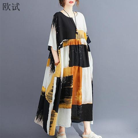 Plus Size Casual Cotton Summer Dress 2022 Ladies Dresses for Women 4XL 5XL 6XL Plaid Vintage Long Woman Oversized Dress Vestidos ► Photo 1/6