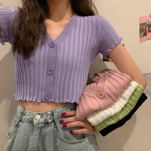 Summer Women V-Neck Knitted Casual Short Sleeve Cardigans Lady Knitting Single-breasted Sweater Shirts Crop Tops For Girls ► Photo 1/6