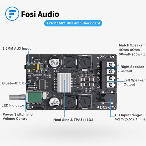 Fosi Audio Bluetooth 5.0 Amplifier Board 2.0 Channel Mini Stereo Audio Wireless High Power Digital 3.5mm AUX Amp Module 50W x2 ► Photo 1/6