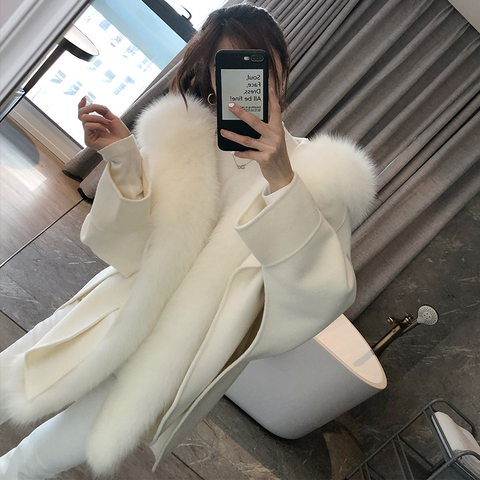 OFTBUY 2022 Casual Winter Jacket Women Natural Real Fox Fur Collar Cashmere Wool Blends Outerwear Coat Streetwear Loose Cloak ► Photo 1/6