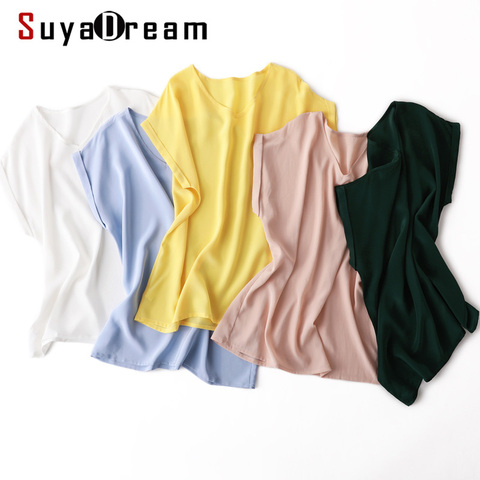 SuyaDream Women Silk Blouse 100%Real Silk Solid Short Sleeved V neck Blouses 2022 Spring Summer Shirt ► Photo 1/6