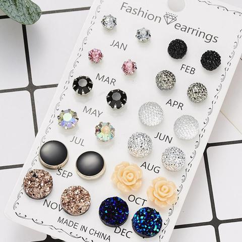 New Arrival 12 Pairs/Set Round Rhinestone Crystal Flowers Combination Card Stud Earring Set For Women Girls Jewelry Wholesale ► Photo 1/6