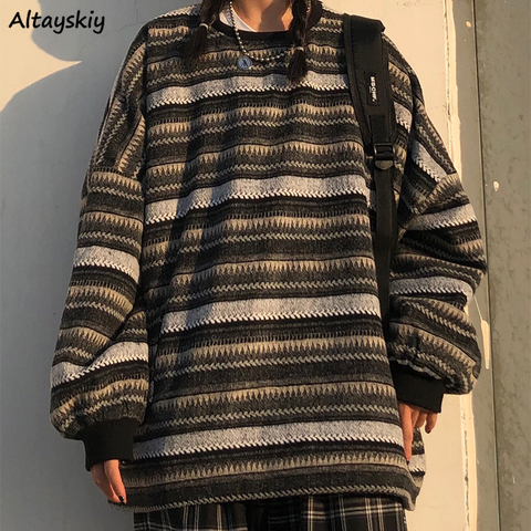 Pullovers Women Oversize Ulzzang BF Unisex Couples Japanese Striped Knit Sweater Hip Hop Female New Winter Fashion Retro Daily ► Photo 1/6