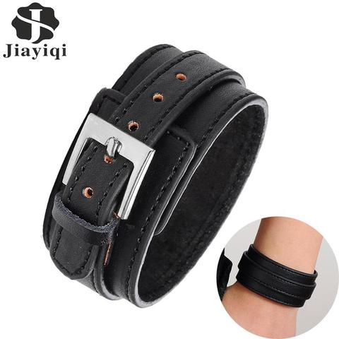 Jiayiqi Fashion Men Leather Bracelets Cuff Rope Bangle Double Wide Black Brown Color Vintage Punk Unisex Jewelry Wristband Gifts ► Photo 1/6