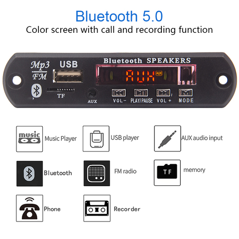Bluetooth 5.0 MP3 Decoder Board WMA WAV FLAC APE 12V Wireless Audio Module Color Screen USB TF FM Radio With Call Recording ► Photo 1/6