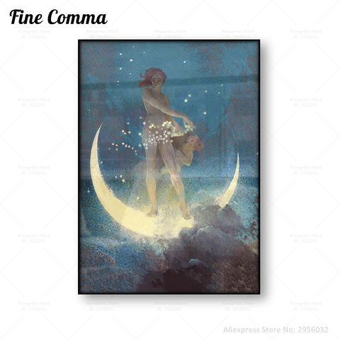 Moon Goodess Wall Art Print Celestial Vintage Poster Spring Scattering Stars Night Crescent Moon Canvas Print Decor Painting ► Photo 1/4