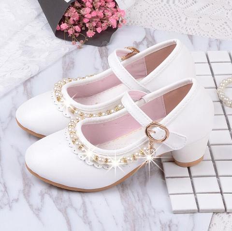 Princess Kids High Heels Shoes Kids Dress Party Leather Shoes Baby Girls Children's White Shoes Enfants Wedding for Girl ► Photo 1/1