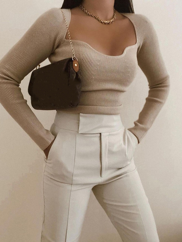 Stylish Chic Beige Knitted Cropped Blouses Women 2022 Fashion Sexy Square Collar Shirts Girls Streetwear Casual Tops ► Photo 1/6