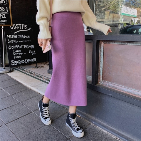 TingYiLi Women's Knit Straight Skirt With Slit High Waist Long Pencil Skirt Korean Style Beige Black Green Purple Tube Skirt ► Photo 1/6