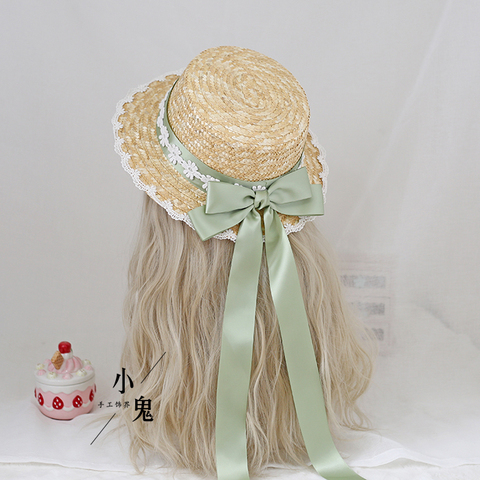 Vintage Mori Girl Cute Big Bow Lace Ribbon Lolita Straw Hat Japanese Sweet Elegant Princess Lolita Flat Cap Beach Cap Summer ► Photo 1/6