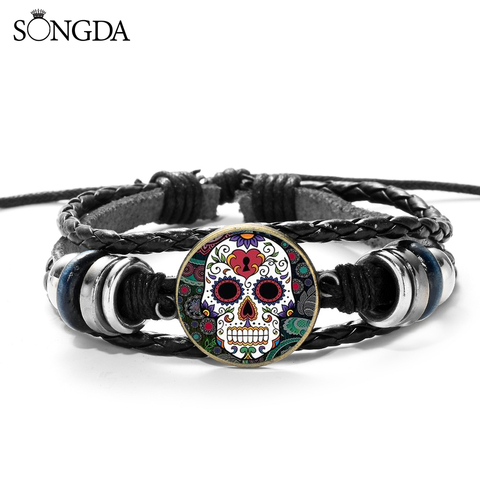 Vintage Hippie Skeleton PU Leather Bracelet Mexican Sugar Skull Folk Art Pattern Glass Cabochon Adjustable Rope Bracelet ► Photo 1/6