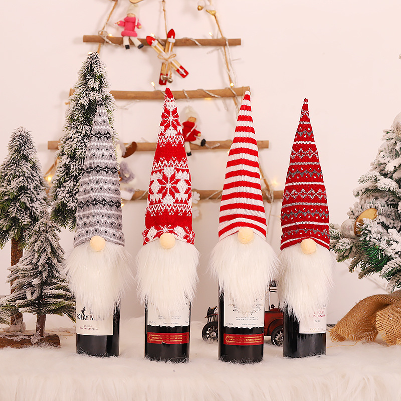 Table Decoration Hand Knitted Christmas Santa Wine Bottle Covers With Hat 