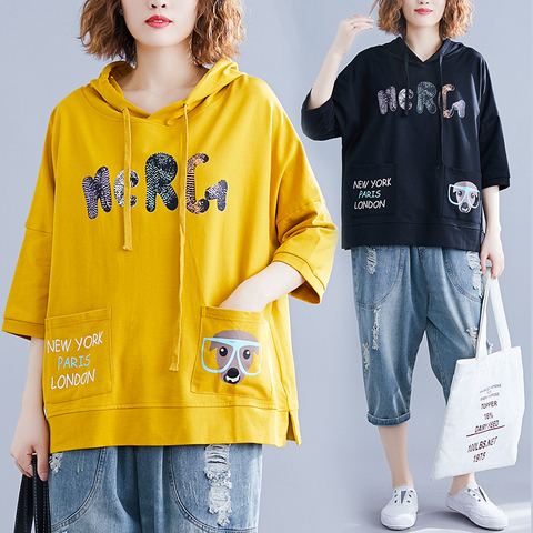 110kg Women Spring Summer Fashion Korea Style V-neck Cartoon Print Hooded Sweatshirt Office Lady Student Sweet Loose Casual Top ► Photo 1/5