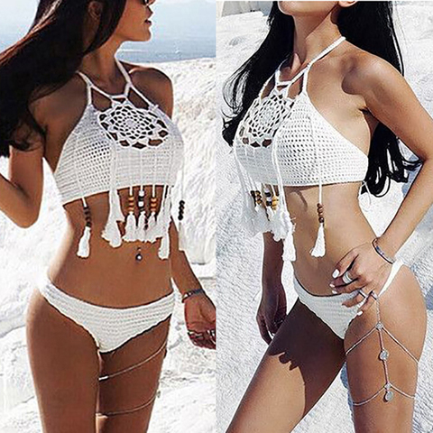 2022 Sexy Bikini Swimwear Women Swimsuit Brazilian Bikini Set Crochet Halter Beaded Tassel Top Sexy Hollow Out  Swimwear S-L ► Photo 1/6