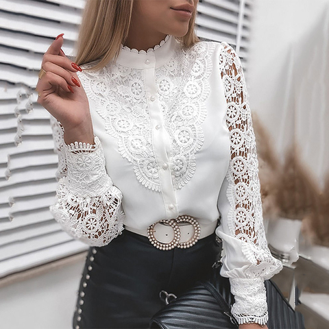 White Elegant Lace Hollow Out Women Blouse 2022 Spring Long Sleeve Shirts Y2K Buttons Mesh Top Autumn Vintage Ladies Clothes ► Photo 1/1
